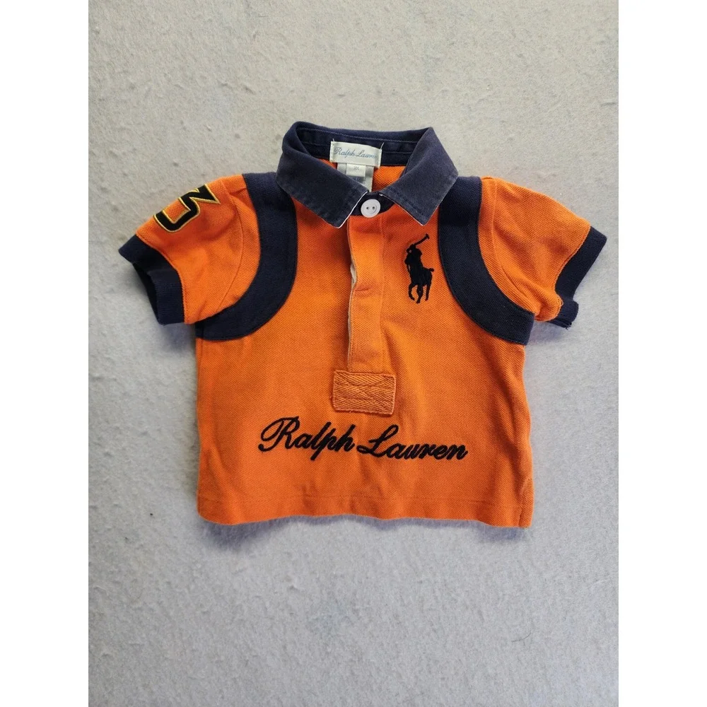Ralph Lauren Baby Boy Orange Big Pony Polo Shirt Navy Blue Trim Size 3M